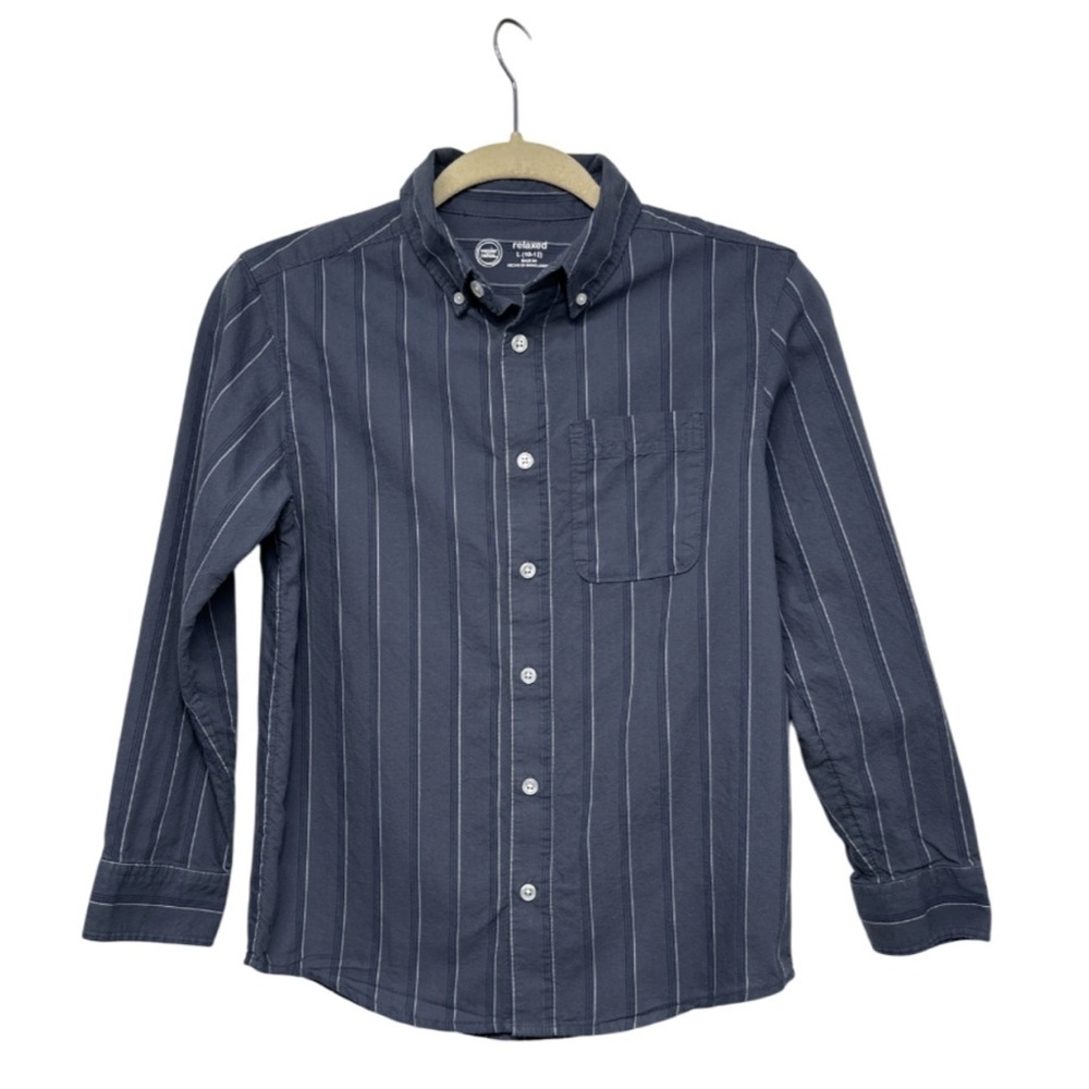 Wonder Nation Boys Button Down Shirt Navy Blue Striped | Size L (10-12)